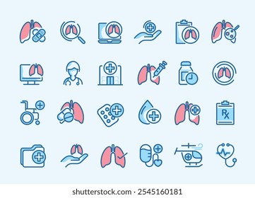 Gesundheitswesen und medizinische über Lungen Icon-Set. Konzept der Lungenerkrankung Behandlung für Krankenhaus, Gesundheitsversorgung, Notfall, Arzt, Diagnose, Bericht, Krankheit, Krankenwagen und mehr. Vektordesign.