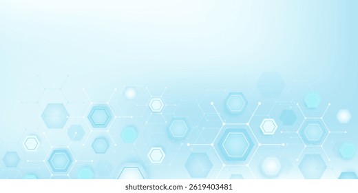 Health care or medical abstract background with hexagons, lines and dots. Scientific innovation banner template concept. Biology and pharmaceutical technology background. Vector illustration.