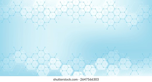 Health care or medical abstract background with hexagons, lines and dots. Scientific innovation banner template concept. Biology and pharmaceutical technology background. Vector illustration.