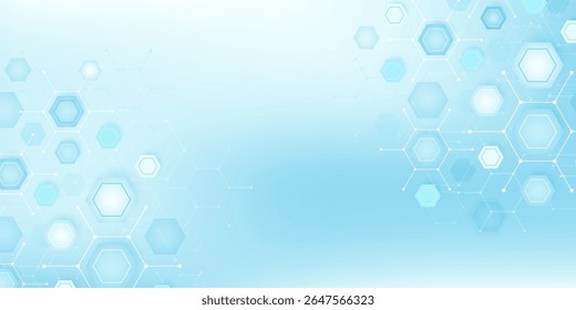 Health care or medical abstract background with hexagons, lines and dots. Scientific innovation banner template concept. Biology and pharmaceutical technology background. Vector illustration.
