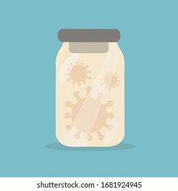 health care medical biology research icon & science. deadly creative flat design corona virus bacteria in quarantine & test tube glass jar symbol vector. pandemic world disease spread contagion concept