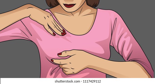 Health care medical concept. Close up young woman examining her breasts for lumps or signs of breast cancer