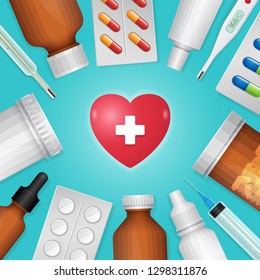 Health care and medical concept heart with health symbol and set bottle pills, medicine for pharmacy, clinic, hospital and drugstore vector illustration