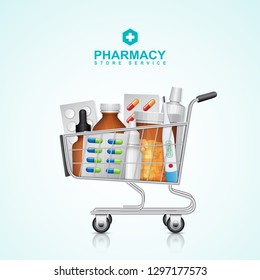 Health Care And Medical Concept Shopping Cart With Bottle Pills And Medicine For Pharmacy, Clinic, Hospital And Drugstore Vector Illustration