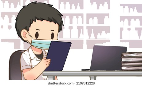 Health care and medical concept, Medical staff at hospital, A doctor or a pharmacist with face mask is reading patient profile. Laptop and more documents on table.  Cartoon character Illustration.