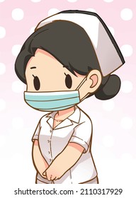 Health care and medical concept, Medical staff at hospital, A nurse with face mask is standing, Cute nurse with pastel pink polka dot background. Cartoon character vector Illustration 