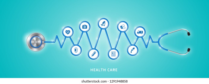 Health care and medical concept stethoscope shape heartbeat  in medicine, health, cross, healthcare decoration for flyers, poster, web, banner and card vector illustration