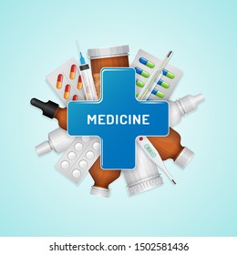 Health care and medical concept health symbol and set bottle pills, medicine for pharmacy, clinic, hospital and drugstore vector illustration