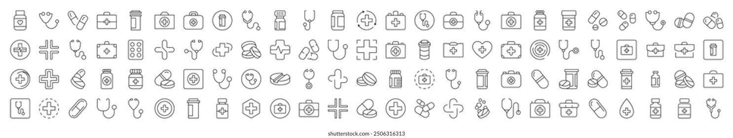 Health Care Medical Cross, Pills, Stethoscope, Suitcase Thin Line Icon Set. Editable Stroke. Suitable for Banners, Cards, Social Networks, Apps