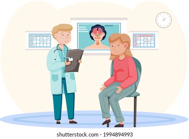 Health care, medical examination, female patient at doctor's appointment. Otolaryngologist's office in hospital. Man specializes in diagnosis and treatment of pathologies of ear, throat and nose