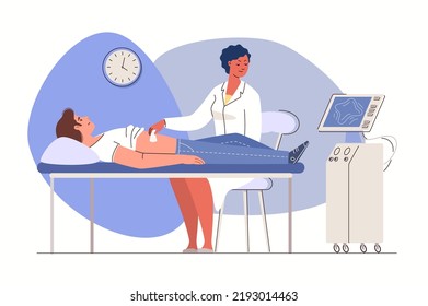 Health care, medical examination. Ultrasound doctor examines internal organs of adult patient. Character flat cartoon illustration. Vector.