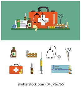 Health care and medical flat banners. First aid icons set and design elements. Medical tools, drugs, scissors, stethoscope, syringe.