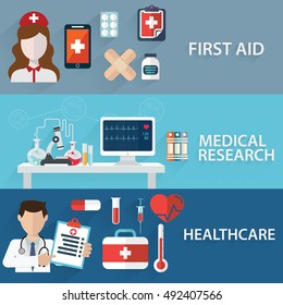 Health care and Medical flat banners set with research healthcare first aid.