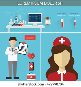 Health care and Medical flat banners set with research healthcare first aid.