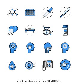 Health care medical help professional instrument science equipment lineart flat vector icon set. Web site interface elements color line art mobile app aplication objects. Line-art icons collection.