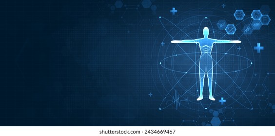 Gesundheitswesen und Hologramm mit Körper. Ikone Digitale Technologie Weltkonzept Moderne Wirtschaft. Innovation, Behandlung, Medizin. Abstract über High-Tech-Zukunft Blauer Hintergrund und medizinische Forschung.