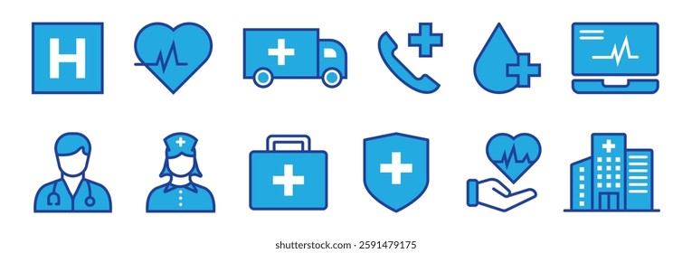 Health care and medical icon set. icons for hospital, health care, emergency, doctor, diagnosis, report, illness, ambulance and more. vector design.