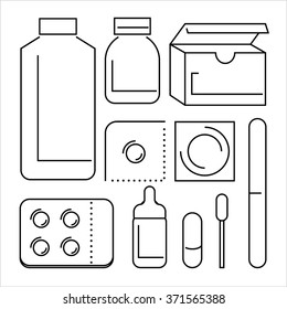 health care medical pills and medicines thin line pictogram 