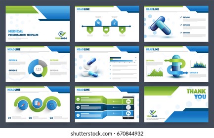 Health Care and Medical presentation templates layout with infographic elements and medical symbols.