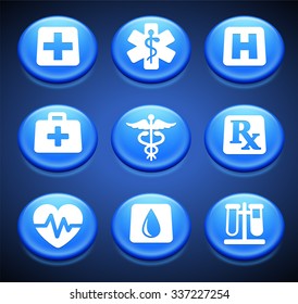 Health care and Medical Procedures on Blue Round Buttons