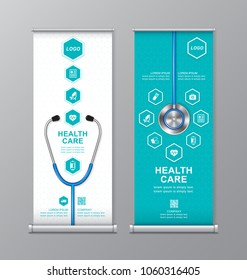 health care and medical roll up design, standee and banner template decoration for exhibition, printing, presentation and brochure flyer concept vector illustration