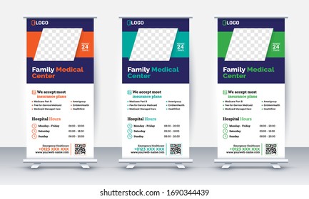 health care and medical roll up design, standee and banner template decoration for exhibition, printing, presentation and brochure flyer concept vector illustration