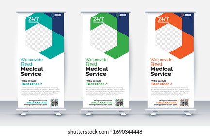 health care and medical roll up design, standee and banner template decoration for exhibition, printing, presentation and brochure flyer concept vector illustration
