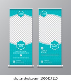 health care and medical roll up with place for photos design, standee and banner template decoration for exhibition, printing, presentation and brochure flyer vector illustration