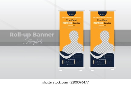 Health care and Medical roll up or pull up design, standee and banner template for exhibition, printing, presentation leaflet, j-flag, x-stand, x-banner
