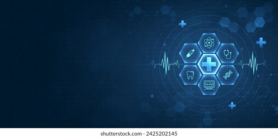 Healthcare Medical Science Healthcare Ikone Digital Technology World Concept Moderne Geschäftsinnovation, Behandlung, Medizin. Abstract über Hi-Tech Zukunft Blauer Hintergrund und medizinische Forschung. Vektor.