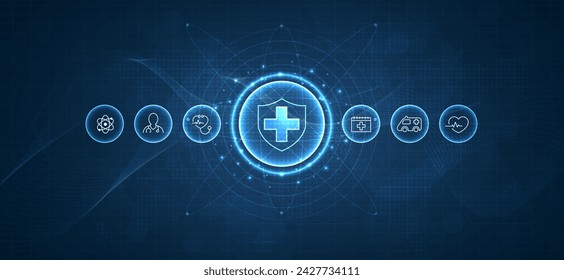 La ciencia médica de la atención de la salud con la tecnología digital del icono concepto del mundo de negocios modernos. innovación, tratamiento, medicina. resumen sobre el futuro de la alta tecnología fondo azul e investigación médica. vector.