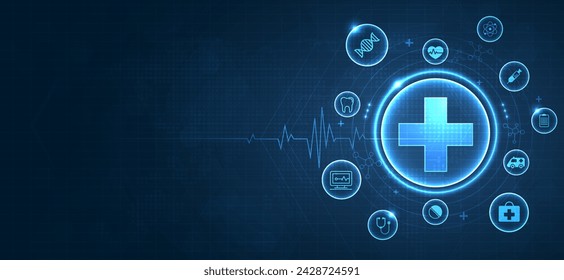 Gesundheitsmedizin Medizin mit Ikone Digitale Technologie Weltkonzept moderne Wirtschaft. Innovation, Behandlung, Medizin. Abstract über High-Tech Zukunft Blauer Hintergrund und medizinische Forschung. Vektor.