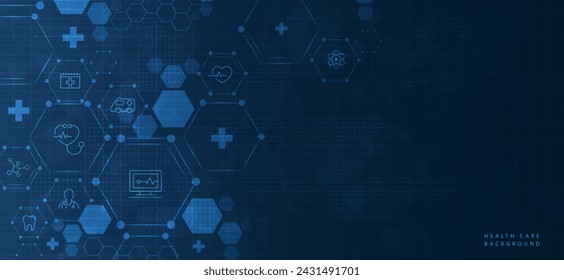 Health care medical science with icon digital technology world concept modern business. innovation, treatment, medicine. abstract about hi tech future blue background and medical research. vector.