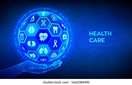 Health care and medical services concept. Emergency service Healthcare diagnosis and treatment. Abstract 3D sphere or globe with surface of hexagons with icons in wireframe hand. Vector illustration.