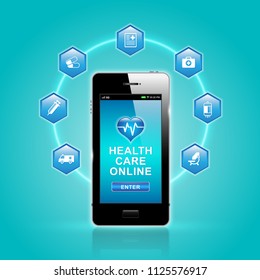 health care and medical technology concept online by smartphone on app for healthcare consultation with doctor and flat icons in medicine vector illustration