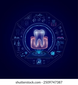 Tecnologia médica de cuidados de saúde. Dentes gengivais em TC ou RM. Órgão de análise de ultrassom. Tratamento de diagnóstico do conceito radiologista de ressonância magnética. Holograma de alta tecnologia vetor de interface digital.