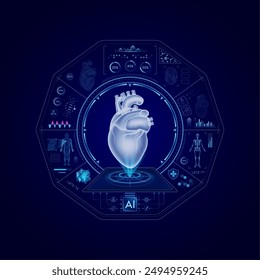 Health care medical technology. Human heart on CT or MRI Scan. Ultrasound analysis organ. Diagnosis treatment of magnetic resonance radiologist concept. Hologram hi tech digital interface vector.