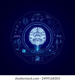 Tecnología médica de atención médica. Cerebro humano en tomografía computarizada o resonancia magnética. Órgano de análisis de ultrasonido. Diagnóstico y tratamiento del concepto de radiólogo de resonancia magnética. Holograma de alta tecnología Vector de interfaz digital.