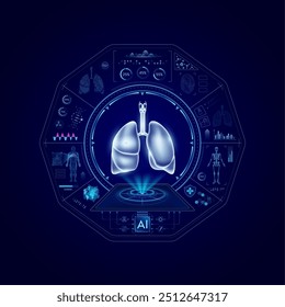 Medizintechnik im Gesundheitswesen. Menschliche Lunge auf CT- oder MRT-Scan. Ultraschallanalyseorgan. Diagnosebehandlung des Konzepts des Radiologen der magnetischen Resonanz. Hologramm Hi-Tech digitale Schnittstellenvektor.