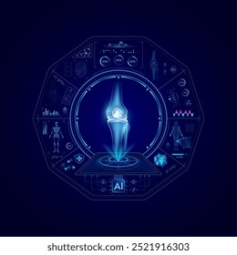 Health care medical technology. Knee joint bone on CT or MRI Scan. Ultrasound analysis organ. Diagnosis treatment of magnetic resonance radiologist concept. Hologram hi tech digital interface vector.
