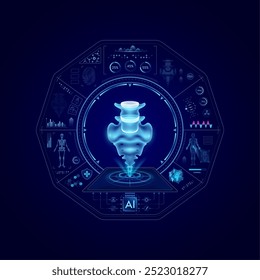 Health care medical technology. Sacrum bone on CT or MRI Scan. Ultrasound analysis organ. Diagnosis treatment of magnetic resonance radiologist concept. Hologram hi tech digital interface vector.