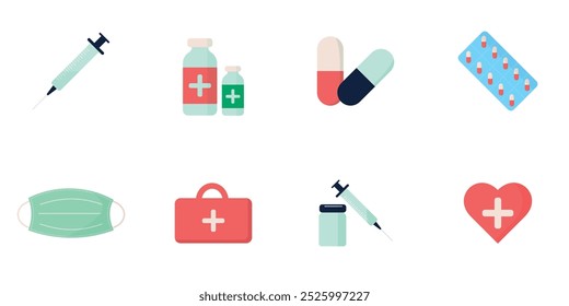 Conjunto de Ícones Vetoriais Médicos de cuidados de saúde. Ícones coloridos, sinais e símbolos em medicina de design plano e cuidados de saúde.