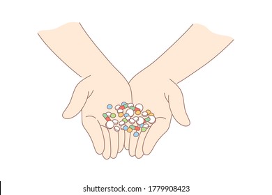 Health, care, medicine, addiction, drug concept. Human man or woman character hands holding handful of medical pills. Medication treatment or cure pharmacy prescription against deseases illustration.