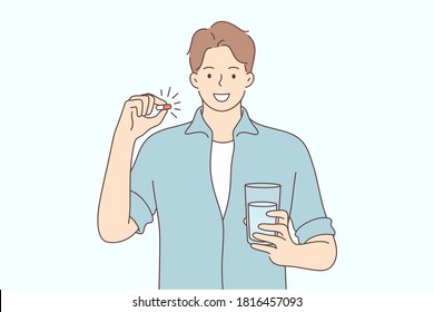 Health, care, medicine, advertisement, drug concept. Young happy smiling man guy boy cartoon character holds pharmacy pills and glass of water. Healthy lifestyle promotion medical support illustration