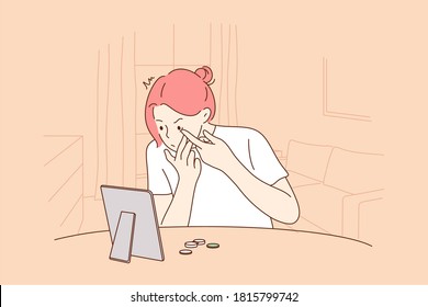 Health, Care, Medicine, Allergy Concept. Young Worried Sick Ill Allergic Woman Girl Cartoon Character With Contact Lens Sitting Rubbing Swollen Eyes. Dry Eye Syndrome And Medical Care Illustration