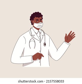 Health care and medicine concept. Friendly African American male doctor posing with his hand raised in greeting. Avatar for advertising, site illustration, icon. Flat cartoon Vector.
