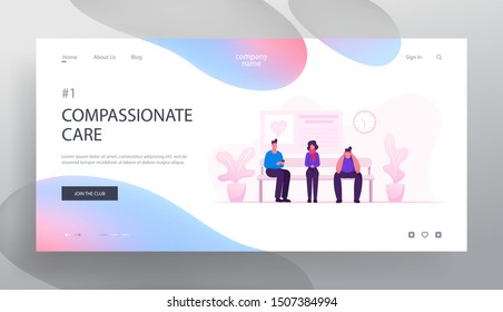 Health Care and Medicine Concept Website Landing Page. Patients Waiting Doctor Appointment in Hospital Hallway. Sick People Sitting Clinic Corridor Web Page Banner. Cartoon Flat Vector Illustration