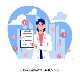 Health care medicine and doctors concept. Young smiling female physician or nurse with recommendations, advice, memo in her hands on blue city background. Information illustration. Flat cartoon vector