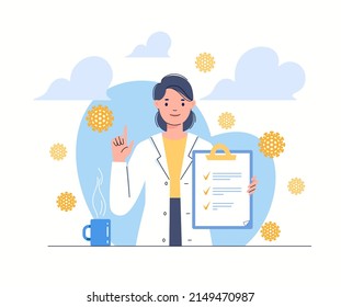 Health care medicine and doctors concept. Young smiling female physician or nurse with recommendations, advice, memo in her hands on blue background. Information illustration. Flat cartoon vector.
