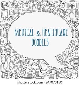 Health Care And Medicine Doodle Background. Vector Illustration